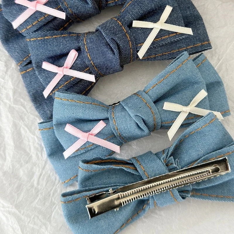 Denims Bow Hair Clip Balletcore Large Bowknot Blue Headdress Elegant Hairpin Dropship