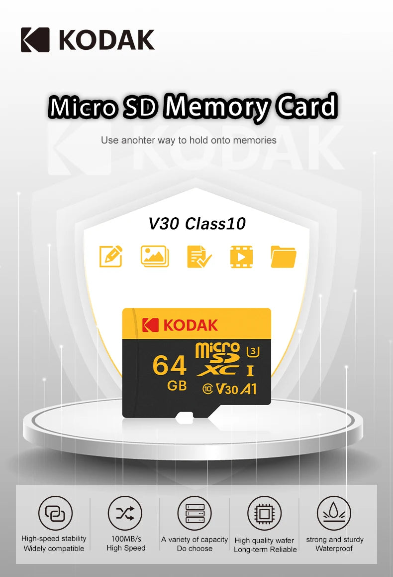 Tarjeta de memoria Micro SD Kodak Clase 10 32 GB 64 GB 128 GB 256 GB U3 4K Tarjeta de memoria de alta velocidad Memoria flash TF Mecard C10