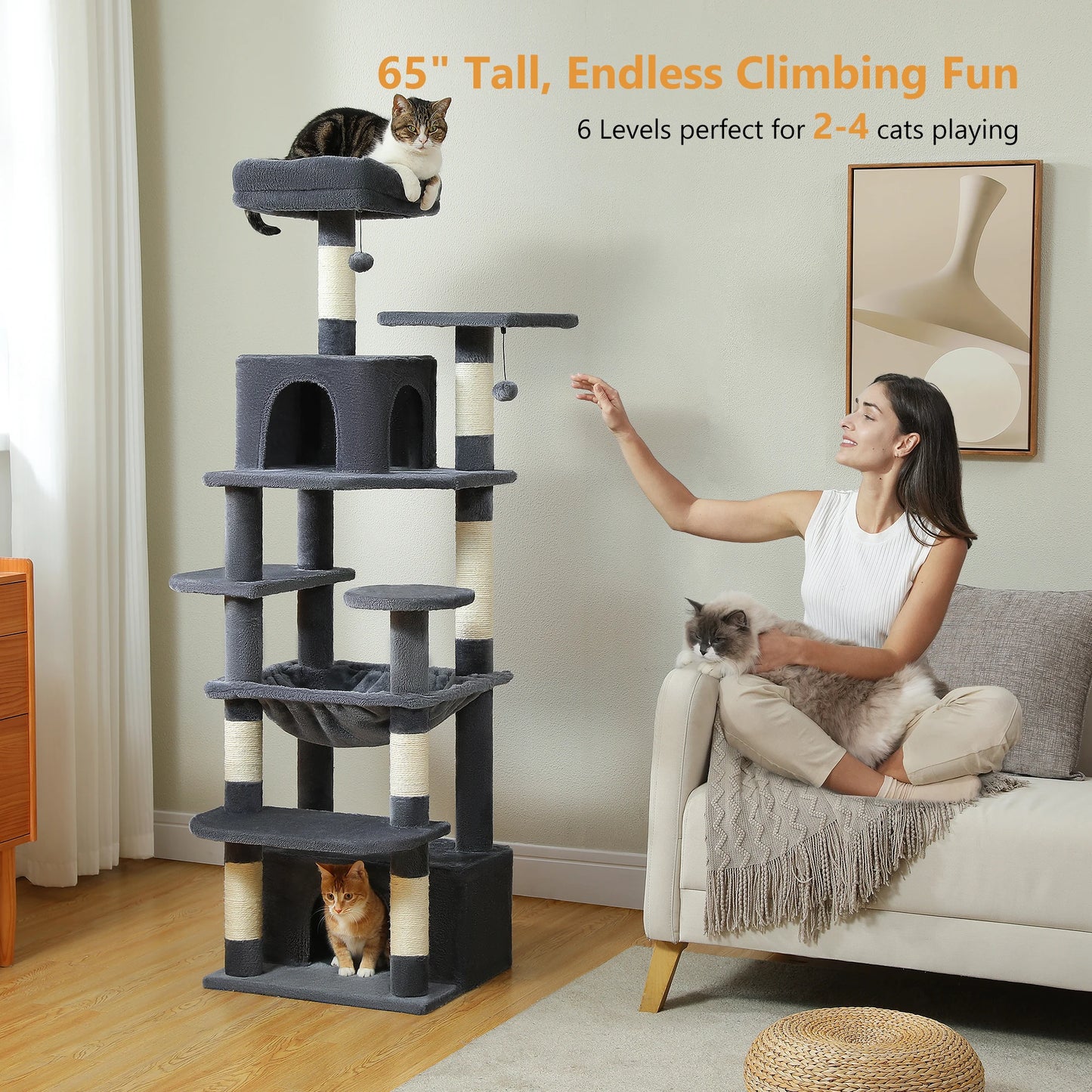 184cm Large Cat Tree and Tower for Indoor Cats With Scratching Posts and Spacious Hammocks
