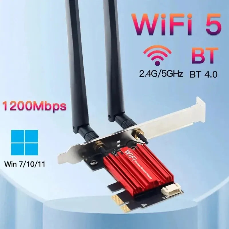 Adaptador inalámbrico PCI-E WiFi 5, tarjeta de red AC1200 de doble banda, 2,4 G/5 GHz, 802.11AC, para ordenadores de escritorio y portátiles con Bluetooth 4.0 y Windows 10