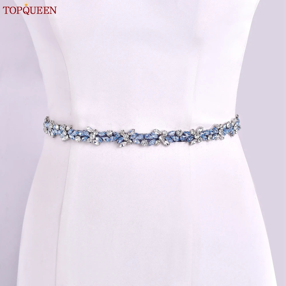 TOPQUEEN Long Thin Light Blue Rhinestone Belt Handmade Bridal Accessories Women's Versatile Dress Wedding Belt Tie Ribbon S437