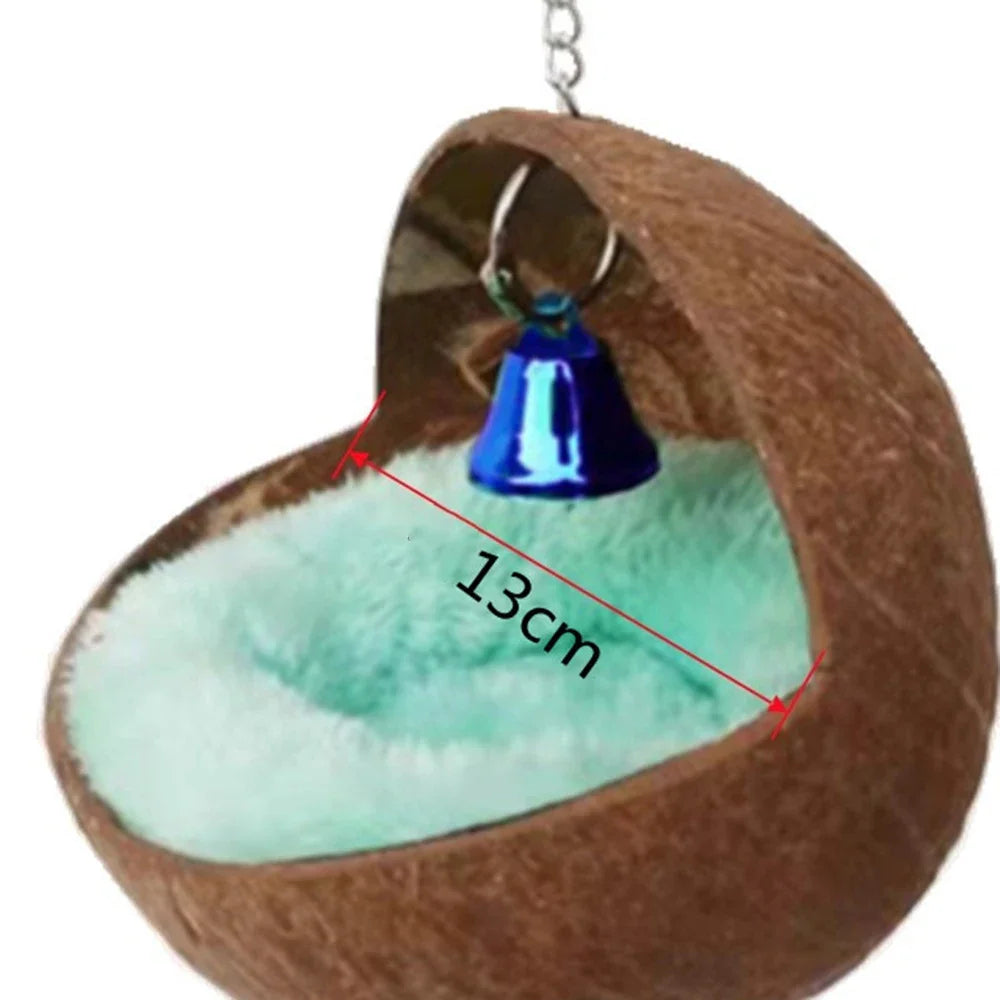 Bird Coconut Shell Nest Hanging Natural Coconut Shell with Cushion Parrot Hammock Swing House Bird Cage Accessories
