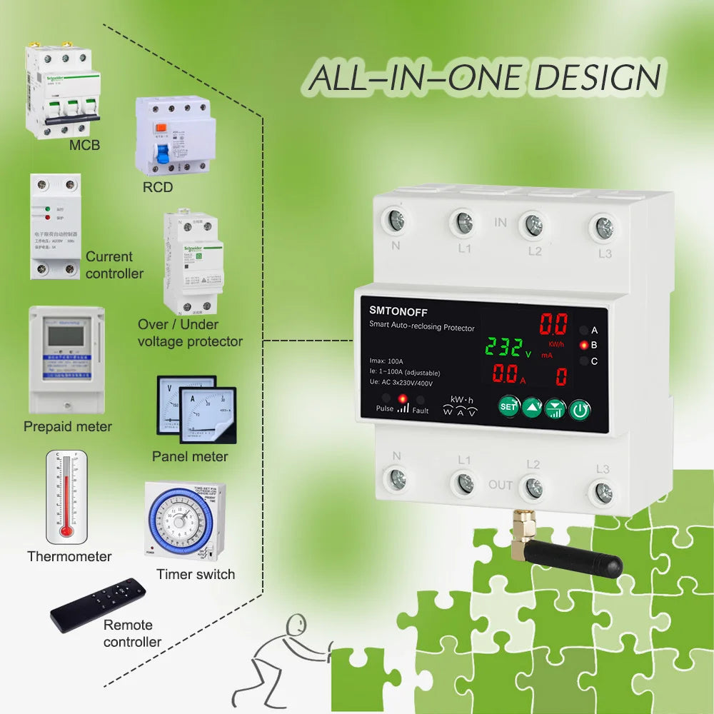 Interruptor temporizador de medidor prepago con control remoto por voz Tuya WiFi trifásico 4P 100A con reconexión automática y protector contra sobretensión y subtensión