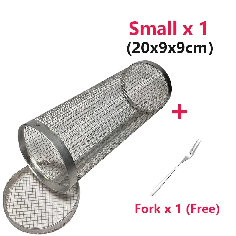 Rolling BBQ Basket – Stainless Steel Grilling Mesh Rack for Vegetables, Fish & Meat, Ideal for Camping BBQs