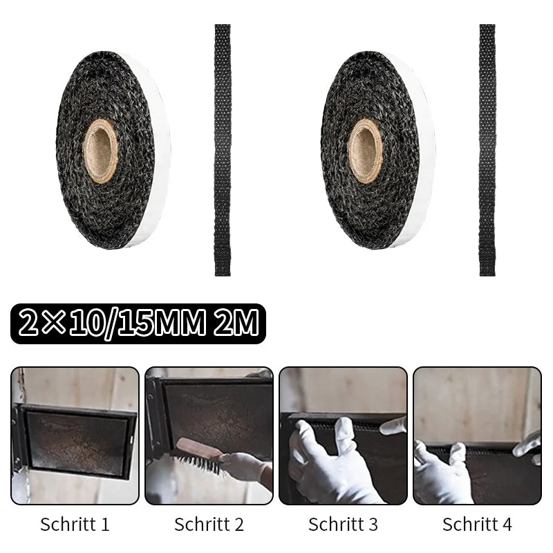 Cinta de sellado para puerta de chimenea de fibra de vidrio autoadhesiva de color negro, con cuerda plana para estufa, de repuesto, 10/15 mm de ancho y 2 m de largo