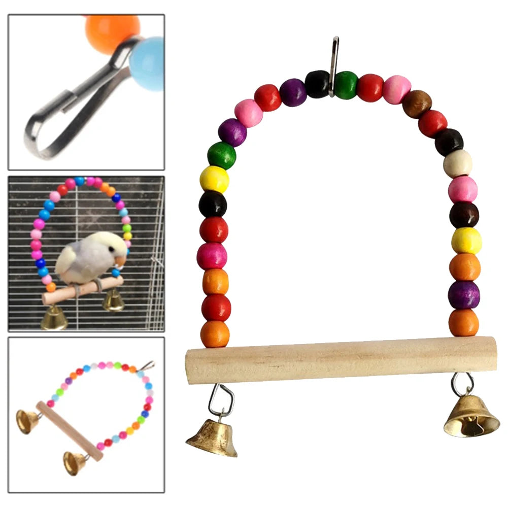 Natural Wooden Parrots Swing Tool Birds Perch Hanging Swings Cage With Colorful Beads Bells Hanging Cage Swings Bird Accessories