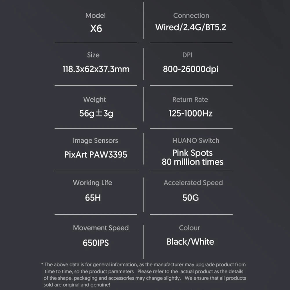 Ratón inalámbrico liviano para juegos X6 con 3 modos de cableado, 2,4 G, BT5.2, hasta 26 000 DPI, retroiluminación RGB, base de carga para computadora portátil y de escritorio