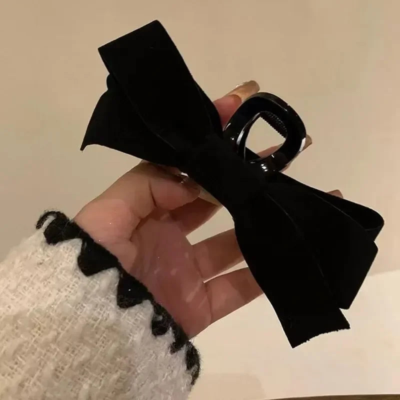 Vintage Long Satin Hairpins Big Velvet Bow Fashion Elegant Women Black Bowknot Hair Claw Hair Clips Korean Hair Accessories