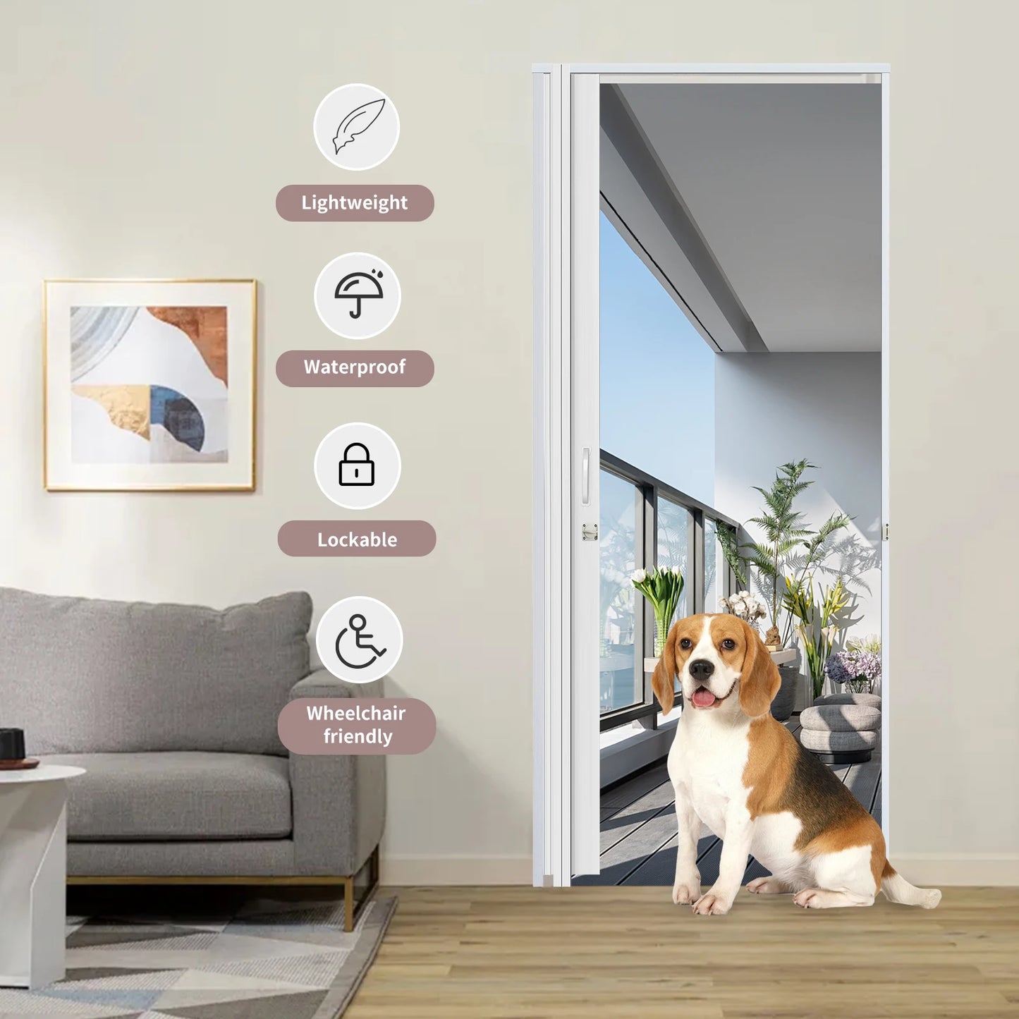 Accordion Door with Clear Panels, Interior Folding Door Includes Hardware and Lock, White Multifold Interior Doors