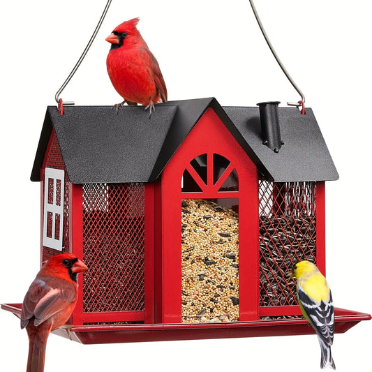 Spacious metal mesh bird feeder with triple compartments. Durable, easy to hang outdoors. Perfect gift for bird lovers.