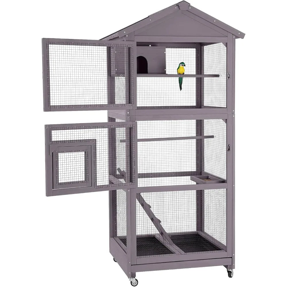 Bird Cage Outdoor Wooden Aviary Indoor, 70" H Large Parrot Cage with 4 Casters, Flight Bird Cages for Parrot Lovebirds Finches(