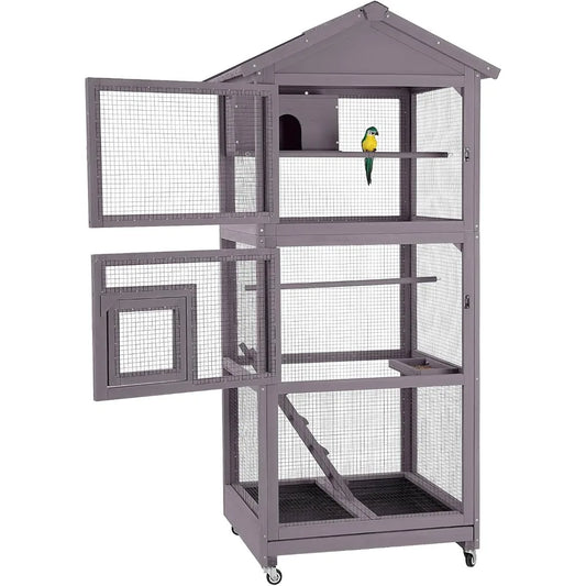 Bird Cage Outdoor Wooden Aviary Indoor, 70" H Large Parrot Cage with 4 Casters, Flight Bird Cages for Parrot Lovebirds Finches(