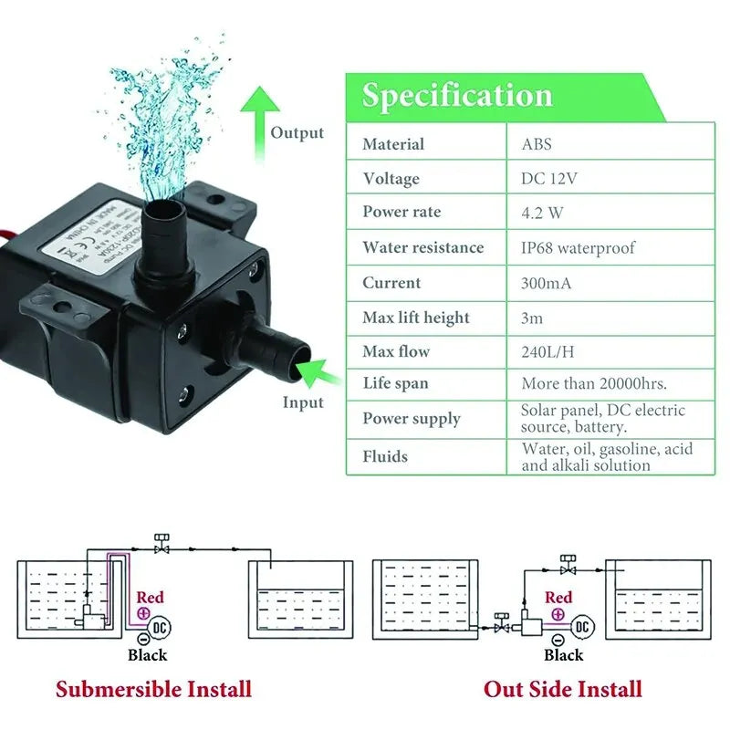 Bomba de agua de 240 l/h con motor sin escobillas de 12 V CC, bomba sumergible para circulación de agua, adecuada para acuarios, peceras, estanques y fuentes