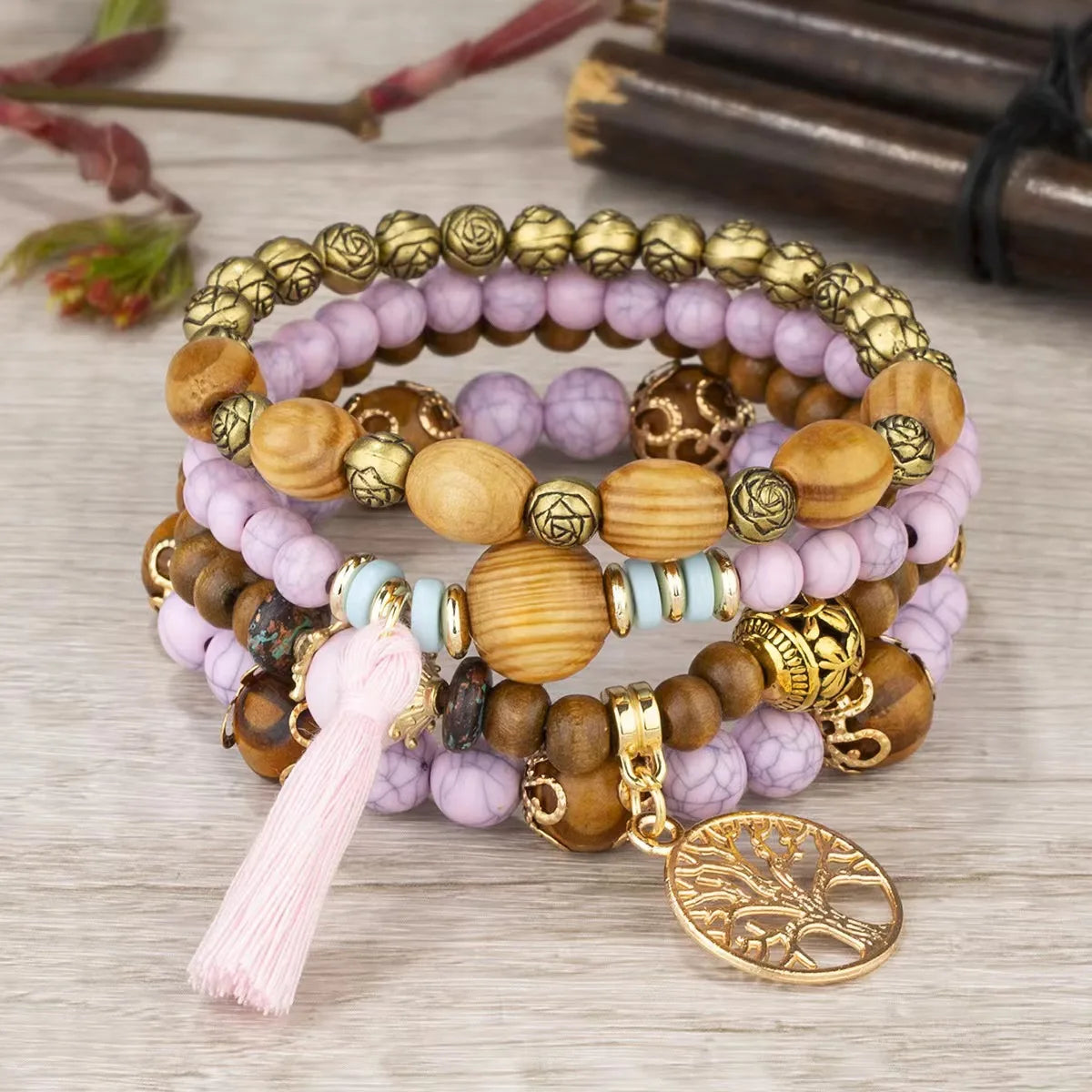 Bohemian Bracelet Creative Ladies Tree of Life Tassel Multi-layer Wooden Beaded Ethnic Style Fashion Women Bracelets Jewelry