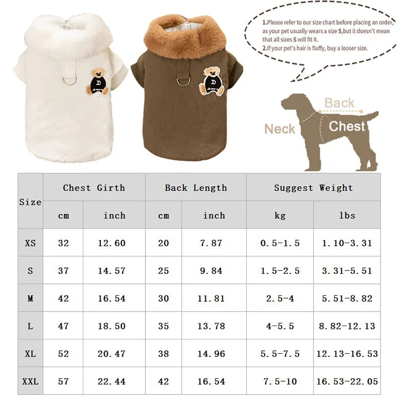 Winter Dog Clothes Luxury Bear Print Fur Collar Windproof Jacket Chihuahua Yorkies Warm Coat Puppy Outfit Clothing Pet Costume
