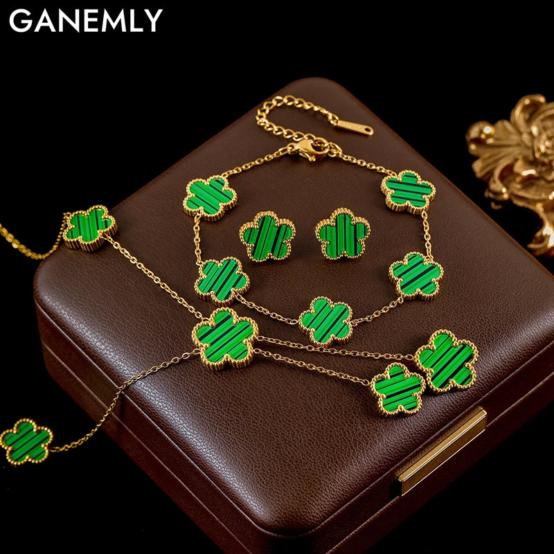 GANEMLY 316L Stainless Steel Green Clover Set Earrings Necklace Bracelet Holiday Gifts Women Double Sided Flower Fashion Jewelry