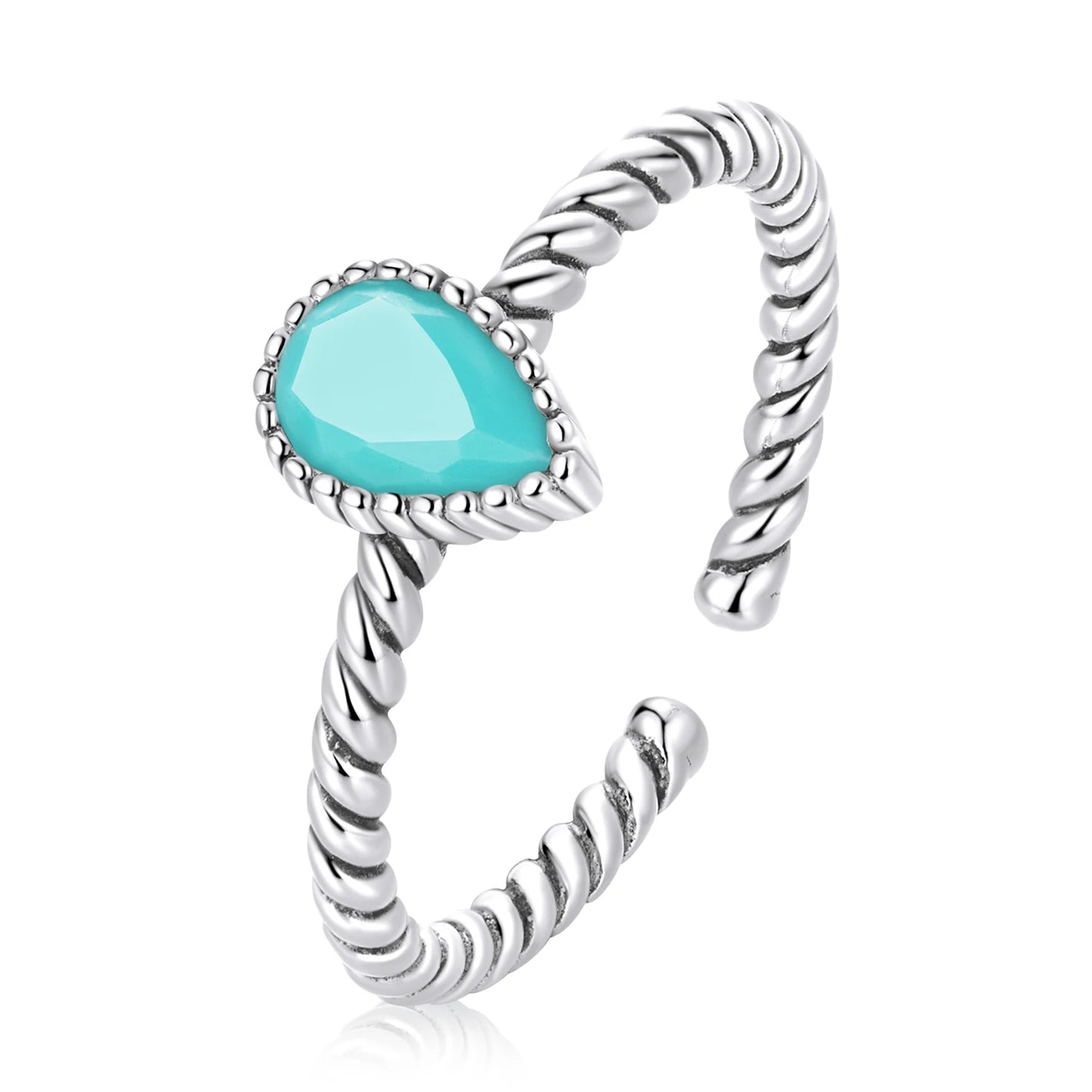 WOSTU 925 Sterling Silver Waterdrop Turquoise Open Size Ring for Women 100% Silver Twisted Ring Fine Jewelry Party Gift For Girl