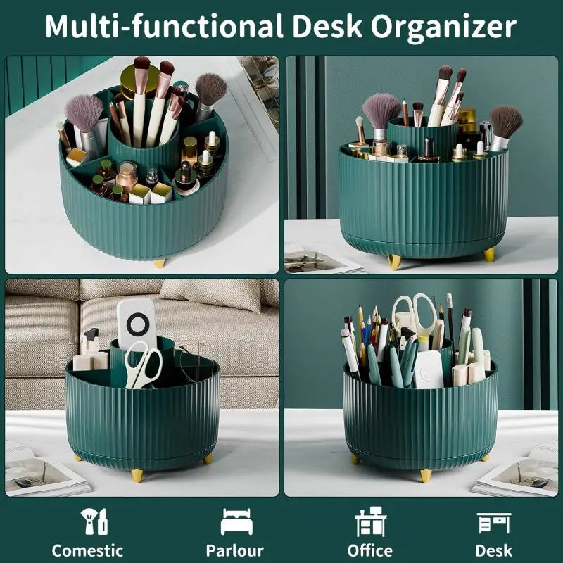 1pc 360°Rotating Makeup Organizer Storage Elegant Stripe Makeup Brushes Holder 5-Compartment Cosmetic Holder for Vanity Bathroom