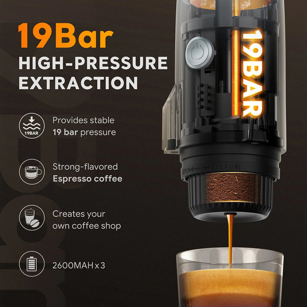 3-in-1 Portable Espresso Machine – Compatible with Nespresso Pods & Ground Coffee, Rechargeable for Travel/Car Use