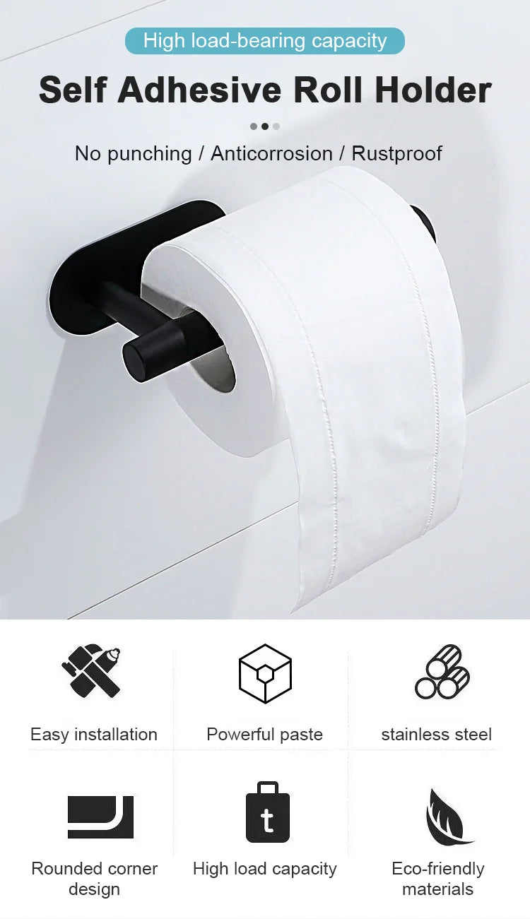 Soporte de toalla de papel de acero inoxidable, soporte adhesivo para rollo de papel higiénico, sin perforaciones, para cocina, baño, inodoro, estante de almacenamiento alargado