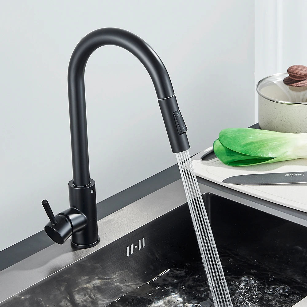 Black Kitchen Faucet Two Function Single Handle Pull Out Mixer  Hot and Cold Water Taps Deck Mounted