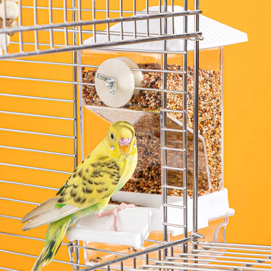 1 pc Automatic Bird Feeder Cage-Mounted No-Battery Operation Anti-Splatter Design Seed Dispenser with Perch for Pet Birds Parrot
