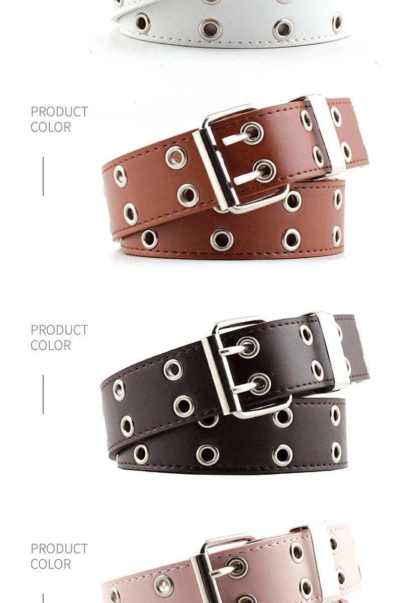 Women's Belt Trend Double Ring Belt Double Hole Eyelet Grommet Leather Buckle Punk Pin Belt Leisure Dress Jeans Gothic Waistband