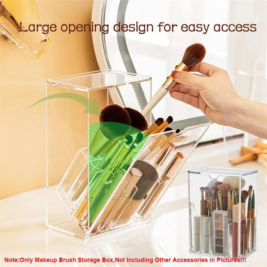 Large Capacity Clear Makeup Brush Holder Organizer with Lid 17 Slot Slanted Design for Desk Storage