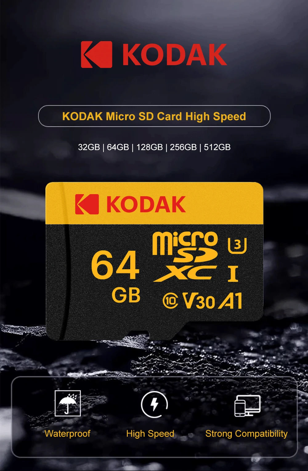 Grabadora de conducción con tarjeta de memoria KODAK de 32 GB y 64 GB, tarjeta de memoria Micro SD para teléfono móvil, PC, auriculares, altavoces, cámara HD, interruptor de juego