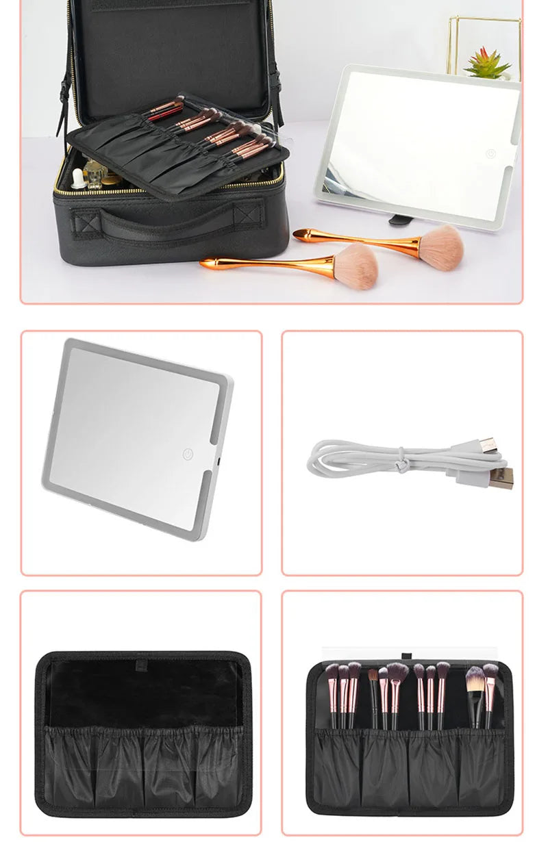 Smart LED Travel Makeup Case with Mirror Large Capacity Organizer for Women and Beauticians