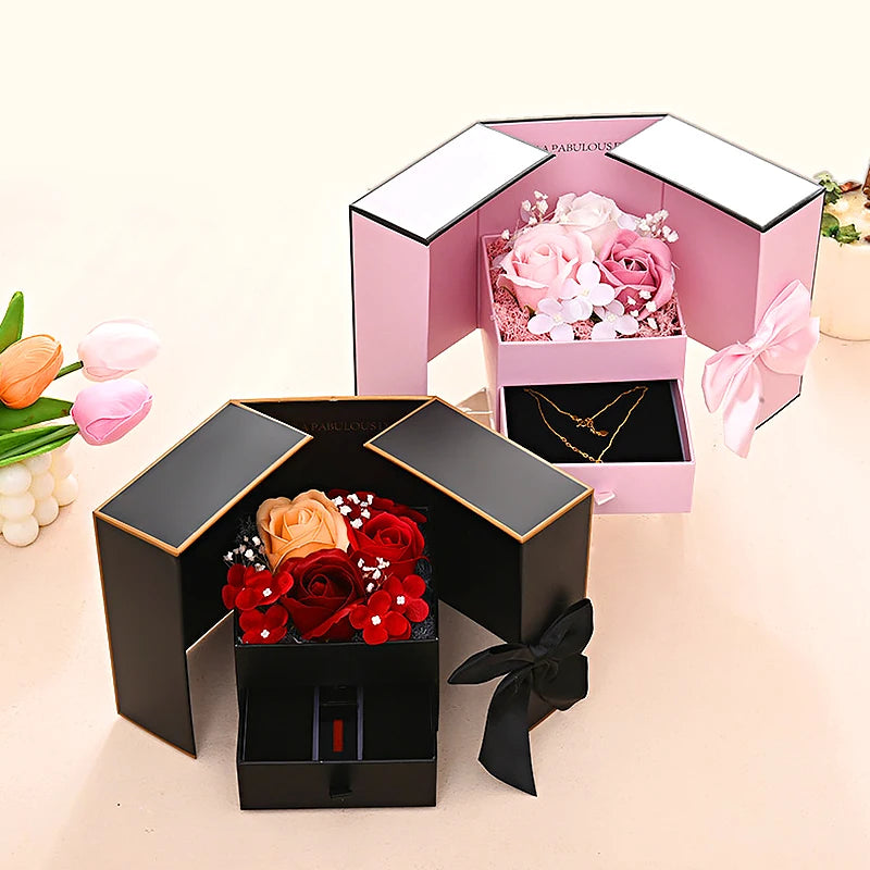 Rose Jewelry Gift Box Bow Packaging Luxury Double Door Drawer Necklace For Girlfriend Mom Simulation Flower Creative Romantic