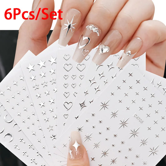 6Pcs/Set Metal Silver Star Heart Moon 3D Nail Art Stickers