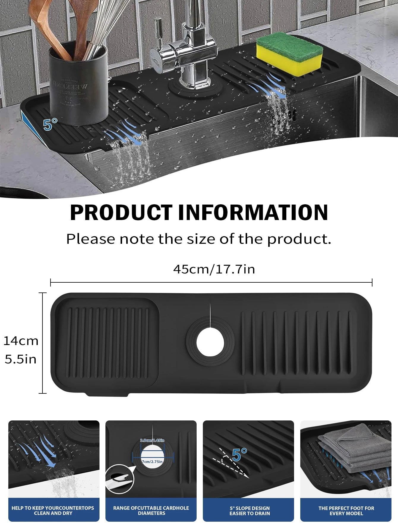 Alfombrilla de silicona para fregadero de cocina Leeseph, protector contra salpicaduras para grifo de fregadero, alfombrilla absorbente para fregadero, accesorios para fregadero de cocina