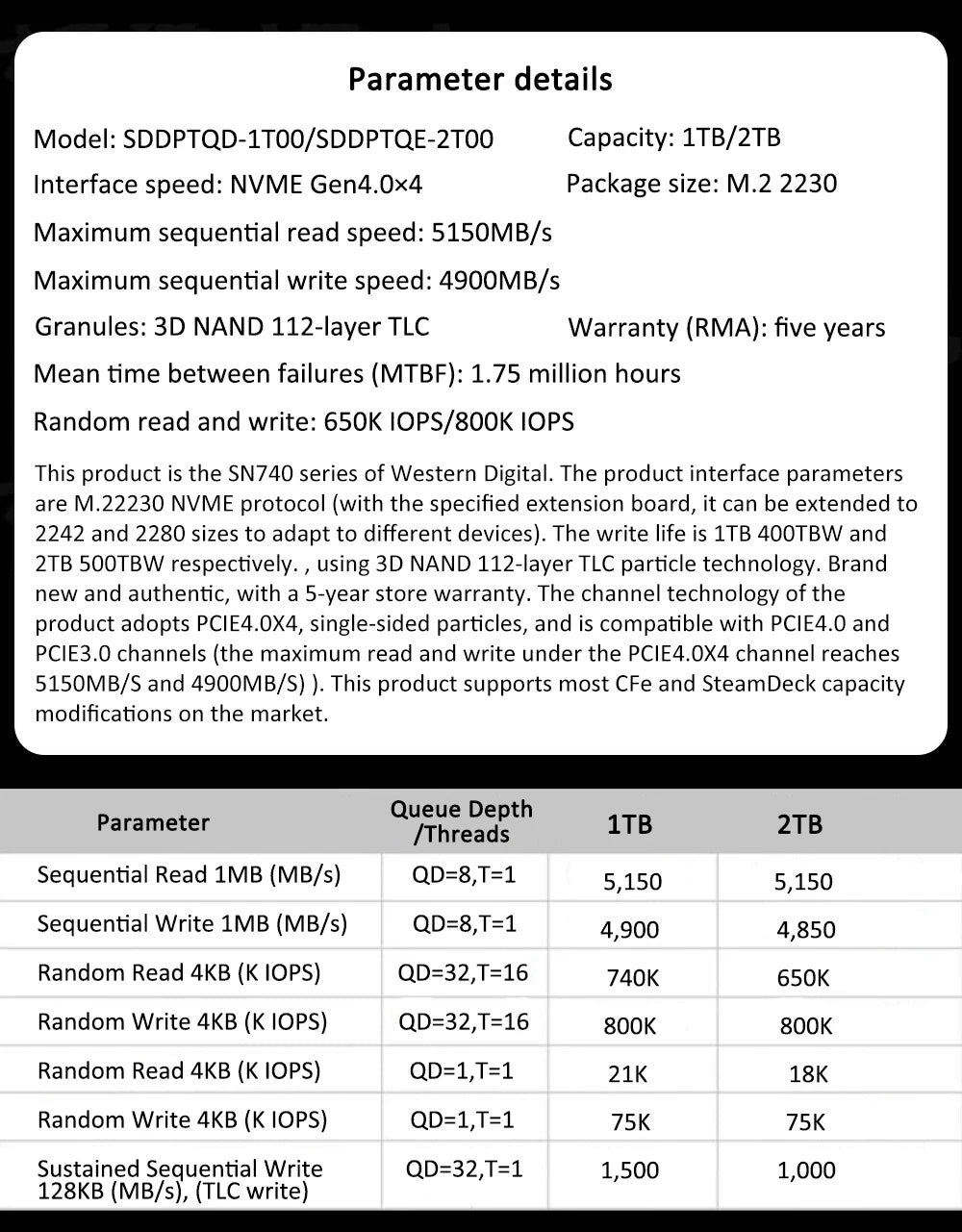 Unidad de estado sólido Western Digital WD SN740 de 1 TB y 2 TB SSD M.2 2230 Gen4 PCIe 4.0 X4 NVMe para Steam Deck y Microsoft Surface ProX