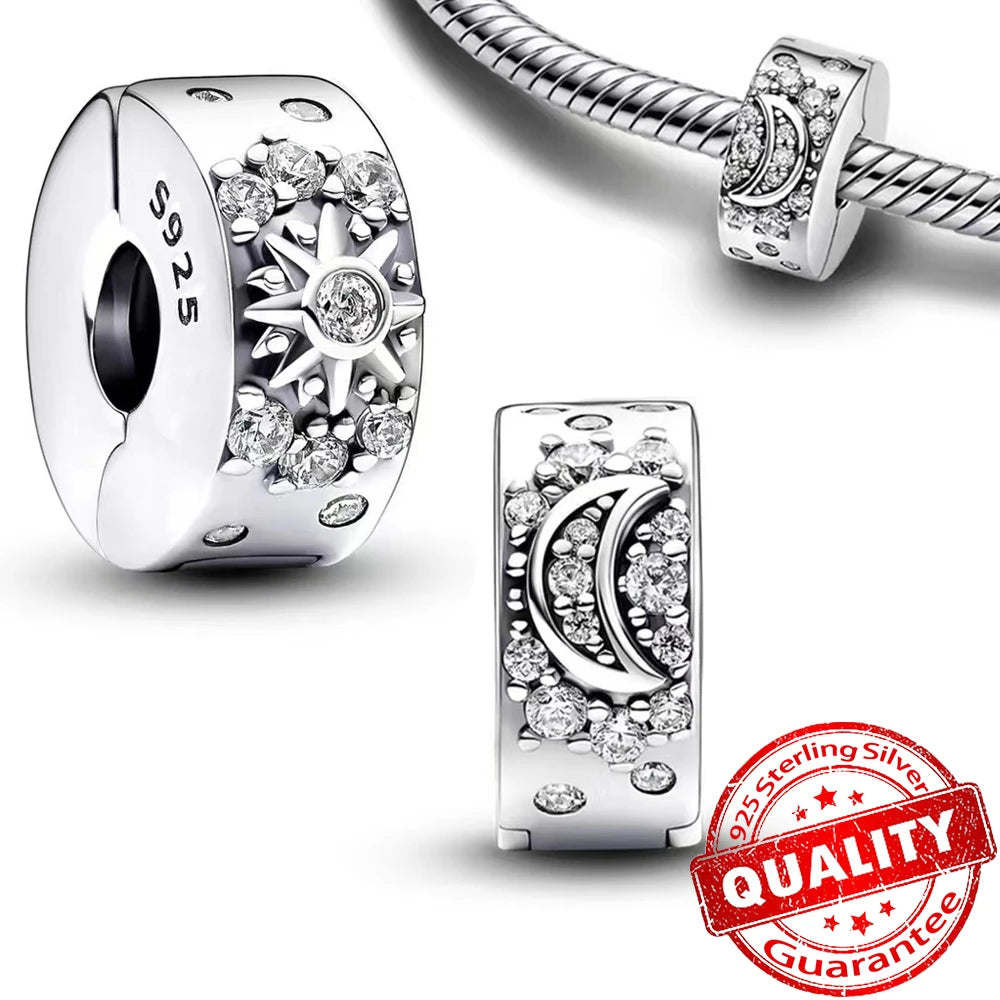 Authentic 925 Sterling Silver Charm Sparkling Star Moon Sun Pendant Jewelry Gift