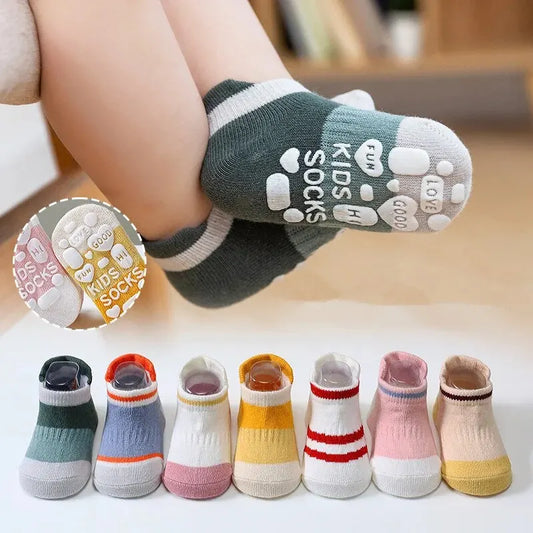 5Pairs/Lot Baby Anti Slip Socks Solid Stripe Girls Boys Newborn Kids Rubber Floor Sock Infant Cotton Mesh Socken For 0-5Years