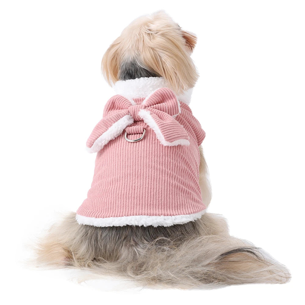 Warm Winter Dog Jacket With D-ring Cute Corduroy Pet Bow Coat for Small Medium Dogs Cats Puppy Kitty Sphynx Yorkshire Clothes