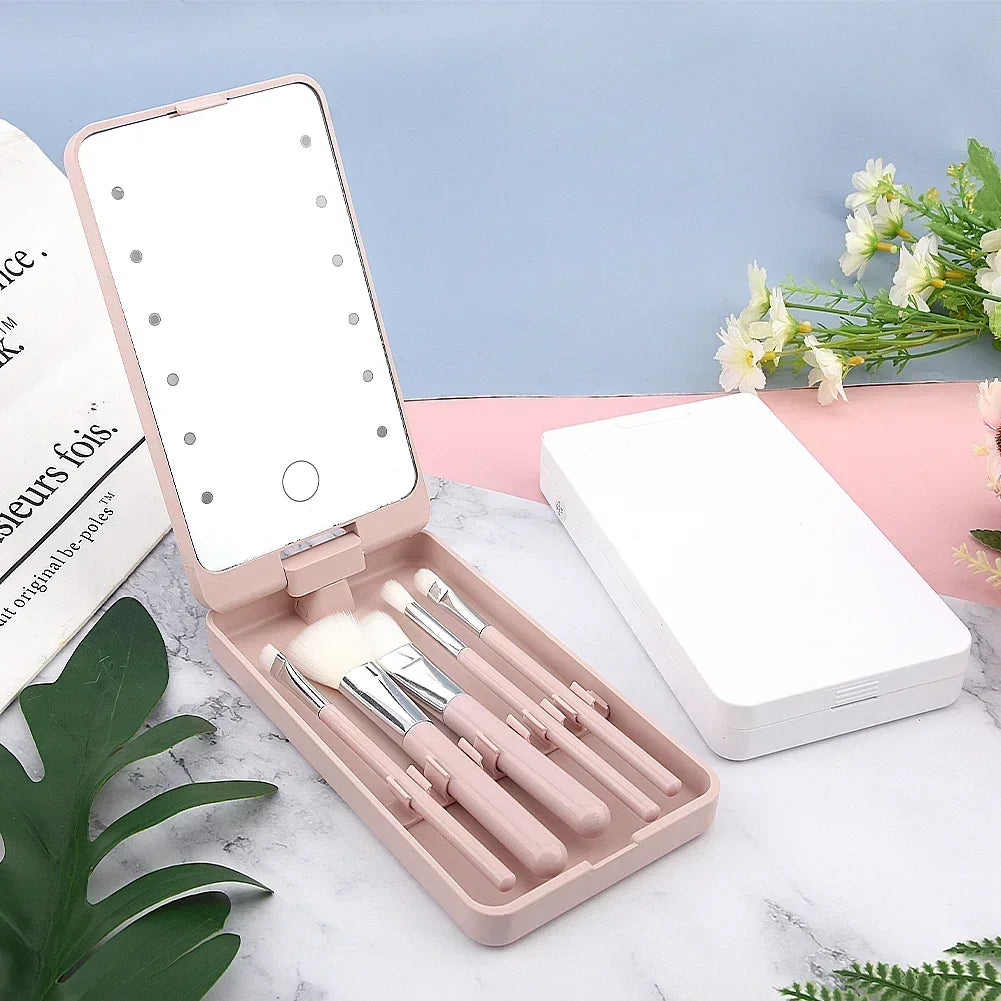 Lighted Rotatable Makeup Mirror with 5 Essential Makeup Brushes Portable Beauty Accessory for Travel