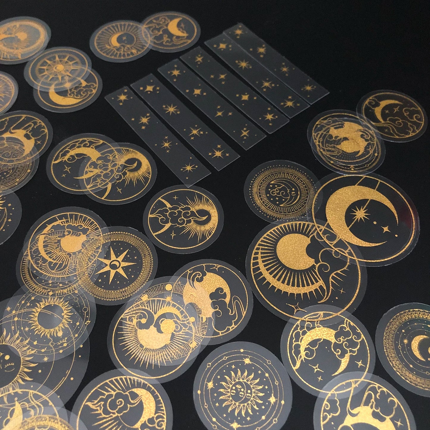 70 Pcs Glitter Gold PET Adhesive Stickers Waterproof Transparent Label Sun Moon Stars Design