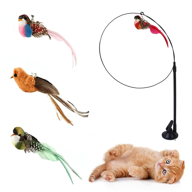 Cat Toys Simulated Bird  Feather Cat Teasing Stick Epoxy Sucker Steel Wire Long Rod  Cat Self Hi No Harmful Ingredients