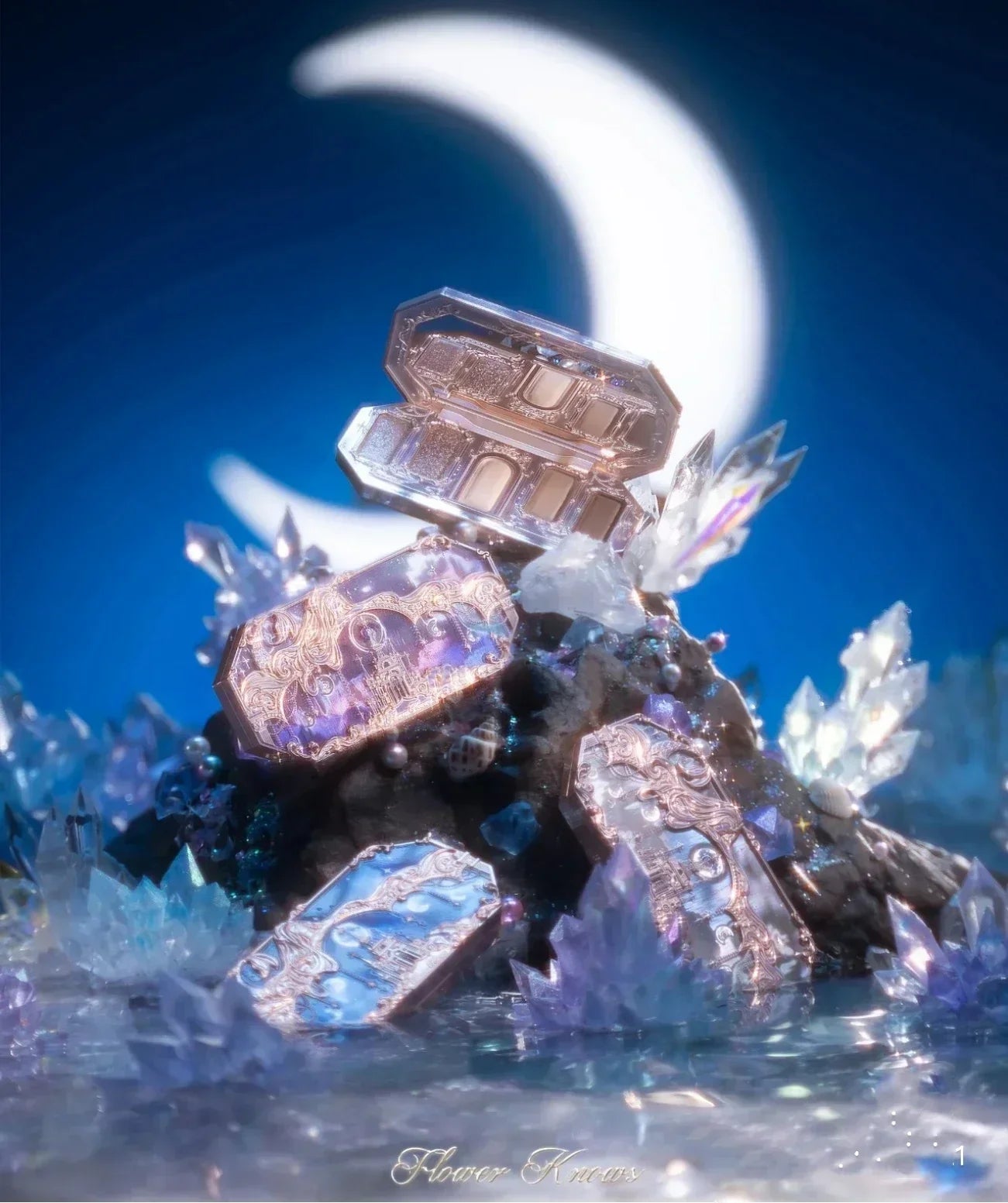 Flower Knows Moonlight Mermaid Eyeshadow Palette 8 Color Eye Makeup with Matte Shimmer and Glitter Finishes for Stunning Looks