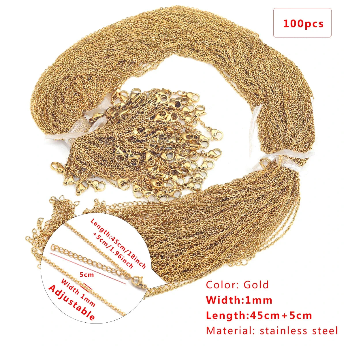 100 Pieces Stainless Steel 18K Gold Plated Link Cable Chain with Lobster Clasp for DIY Jewelry Adjustable Necklace Supplies