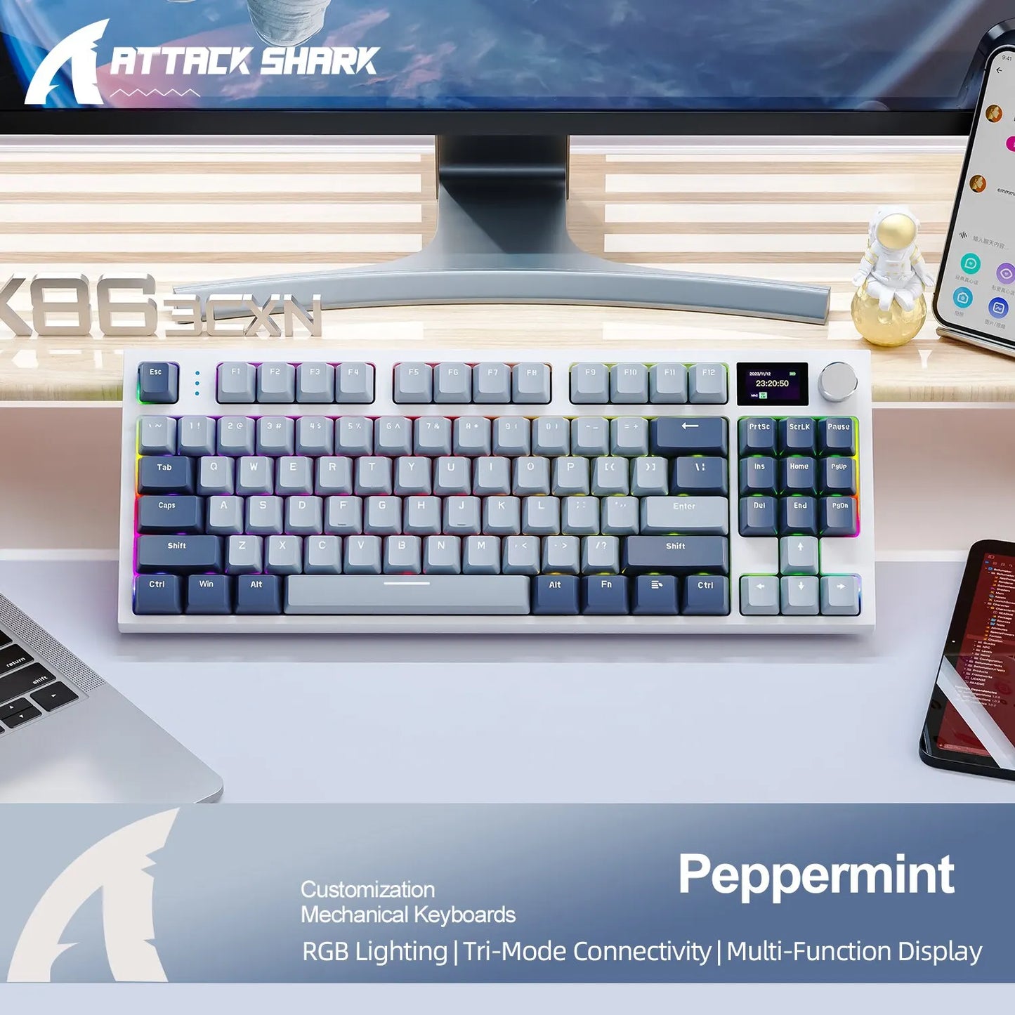 Teclado mecánico inalámbrico intercambiable en caliente K86 con Bluetooth/2,4 g, pantalla y botón giratorio de volumen para juegos y trabajo