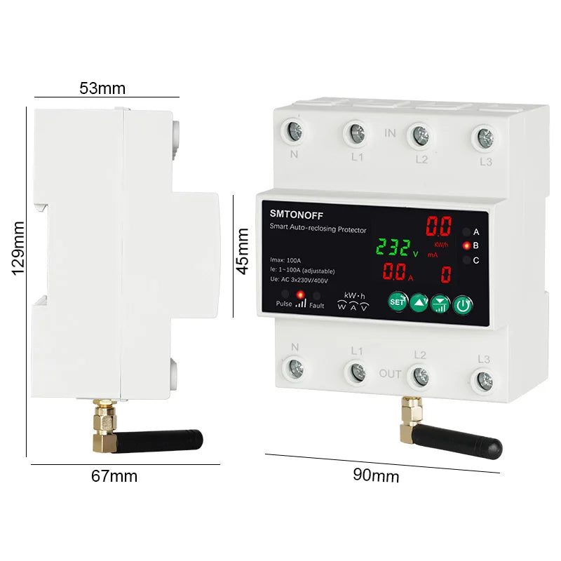 Tuya WiFi Three Phase 4P 100A Auto-Reclosing Over Under Voltage Protector Prepaid Meter Timer Switch Voice Remote Control