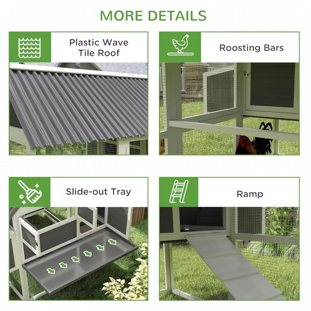 Chicken Coop with Run, Large Wooden Chicken House with 2 Nesting Boxes, 2 Roosting Bars, Ramp & Tray, Hen House Poultry Cage fo
