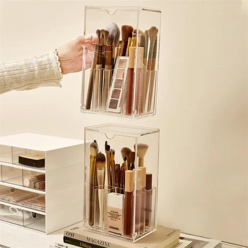 Large Capacity Clear Makeup Brush Holder Organizer with Lid 17 Slot Slanted Design for Desk Storage