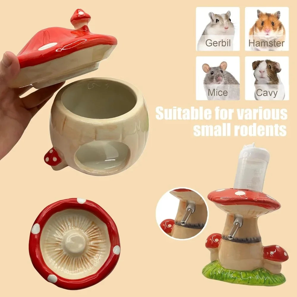 Mushroom Ceramic Hamster Hideout Water Bottle with Stand Food Bowl Hamster Accessories Golden Bear Furniture Sleephouse House