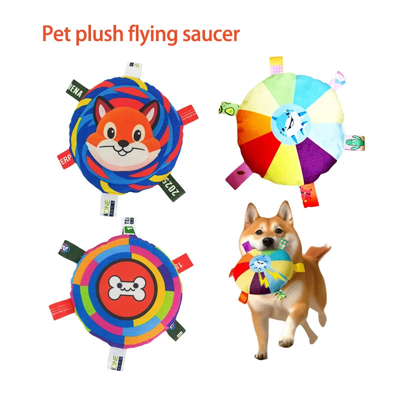 Funny Rainbow Plush Flying Saucer Dog Bite Toys Stuffed Raw Small Dog Interactive Training Game Chew Toy Pet Disc Toys with Bell