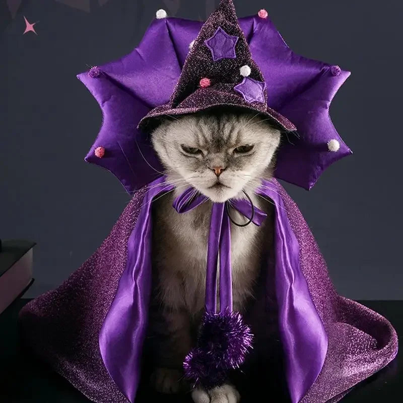 Cat Halloween Costume Comfortable Cat Wizard Outfit Witch Dog Costume Cat Cloak Witch Hat Halloween Dog Cloth For S/M Cats Dogs