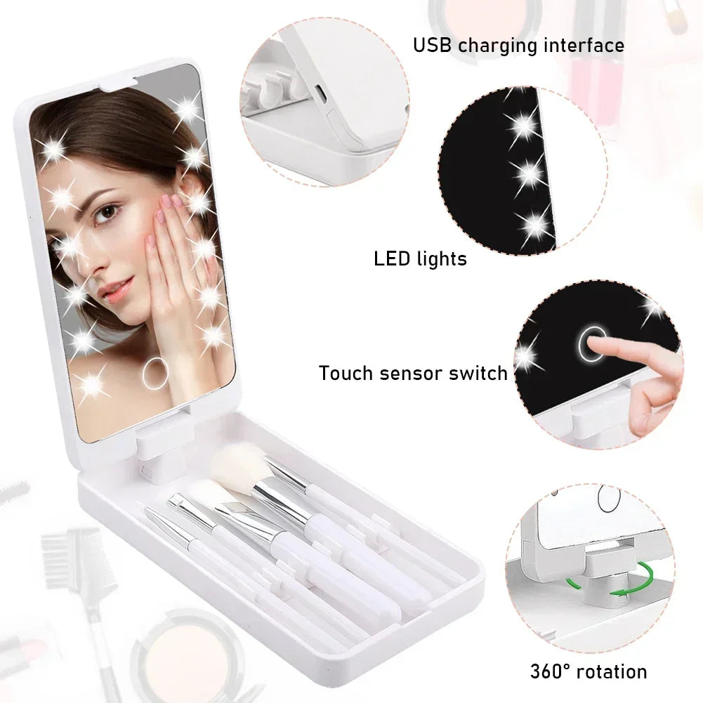 Lighted Rotatable Makeup Mirror with 5 Essential Makeup Brushes Portable Beauty Accessory for Travel
